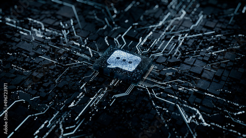 Text Technology Concept with sms symbol on a Microchip. Data flows from the CPU across a Futuristic Motherboard. 3D render.