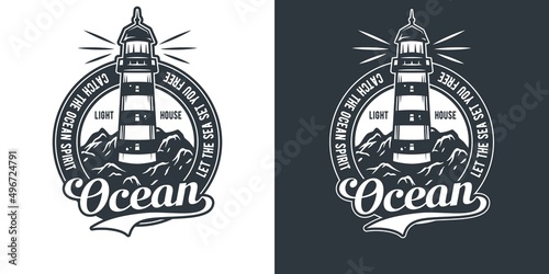 Marine lighthouse, seagull and mountain. Nautical wanderlust and adventure beacon illustration