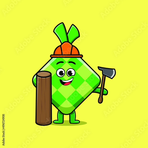 Cute cartoon ketupat as carpenter character with ax and wood in 3d modern style design