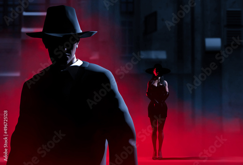 3d render illustration of noir style detective or gangster male in suit and hat with sexy lady standing on blue toned street night with red fog background.