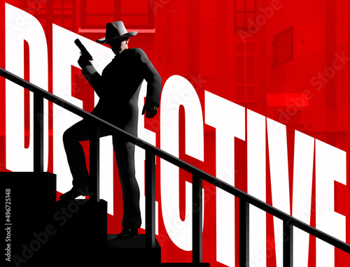 3d render illustration of noir style detective or gangster male in suit and hat walking stairs with gun on red colored street night with sign background.