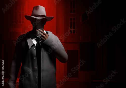 3d render illustration of noir style detective or gangster male in suit and hat standing and smoking on neon red street night background.