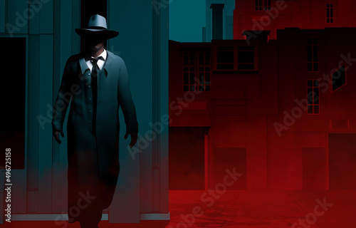 3d render illustration of noir style detective or gangster male in suit and hat standing on neon street night background. photo