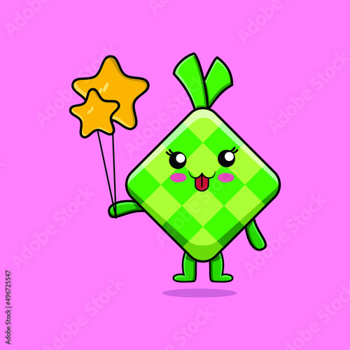 Cute cartoon ketupat floating with star balloon cartoon vector illustration  