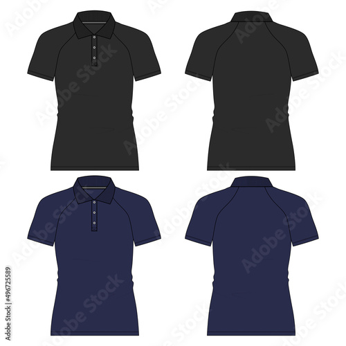 Raglan Polo Shirt Technical fashion flat sketch vector illustration Black, Navy Color template isolated on white background.