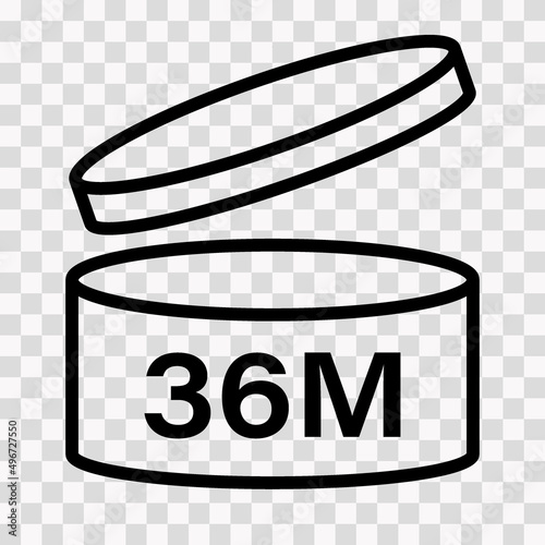 PAO cosmetic icon, mark of period after opening. Expiration time after package opened, outline label. 36 month expirity on transparent background, vector illustration