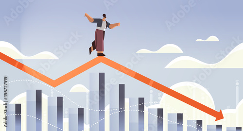 businesswoman standing on downward red arrow recession financial crisis bankruptcy concept