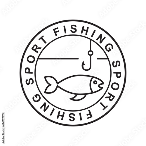 Sport fishing stamp, black line icon isolated on white background, vector illustration.