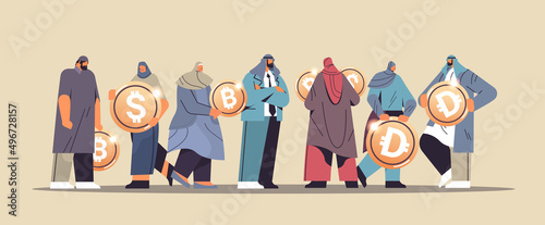 arab businesspeople working on financial money platform investors analysts holding golden coins invest in stock market
