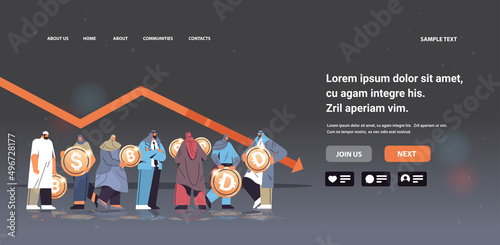 arab businesspeople with golden coins standing near downward red arrow recession financial crisis bankruptcy