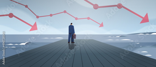 rear view businessman standing on wooden pier and looking to sea business and challenge crisis bankruptcy