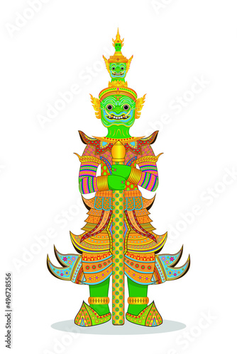 Thailand giant temple guard sculpture or THAI YAK - The Tossakan or Thotsakan or Ravana mask crown and dress in Ramakien or Ramayana Mahabharata literature stand with baton weapon draw in vector