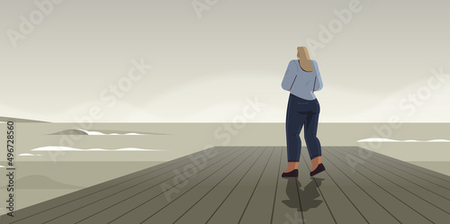 rear view businesswoman standing on wooden pier and looking to sea business and challenge crisis bankruptcy