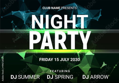 Dance music night poster background. Night club music concert DJ flyer vector design glow abstract banner event show techno electro house