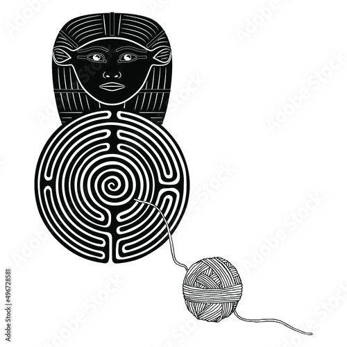 Round spiral maze or labyrinth symbol with head of ancient Egyptian goddess Hathor and a yarn ball. Ariadne's thread. Creative concept. Black and white silhouette.