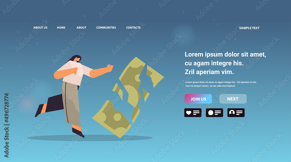Fototapeta premium businesswoman with broken paper banknote financial crisis bankruptcy concept horizontal full length copy space vector illustration