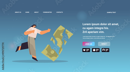 businesswoman with broken paper banknote financial crisis bankruptcy concept horizontal full length copy space vector illustration