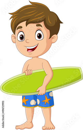 Cartoon little kid holding surfboard