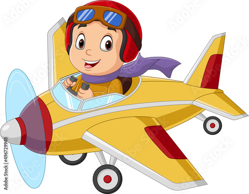 Cartoon little boy operating a plane