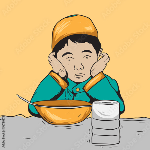 cartoon vector of a child waiting for iftar