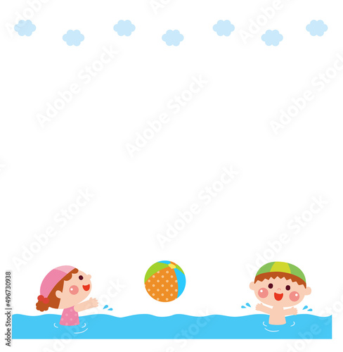 プールで水遊びをする子どもたちのフレーム素材