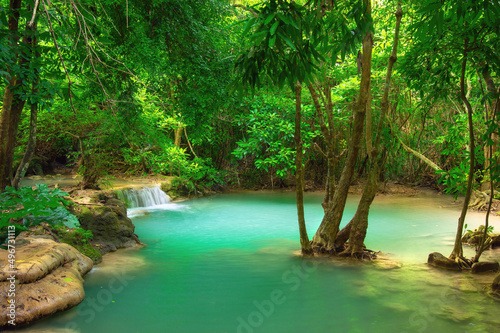 Landscape Huay Mae Kamin waterfall, Srinakarin Dam in Kanchanaburi, Thailand.