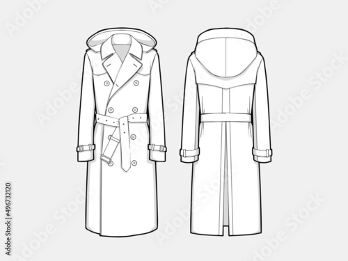 VECTOR LINE ART OUTLINE HOODED LONG HERITAGE TRENCH COAT COLLECTION FOR SIZE CHARTS OR SIZE GUIDE