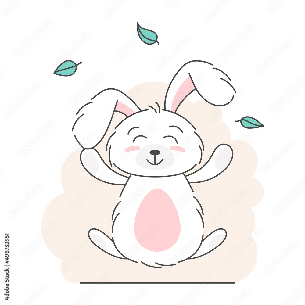 Cute bunny, baby and children concept. Happy easter rabbits different poses cartoon characters. Card with Cute bunny. Bunny with floral leafs. Design for baby, kids poster, card, invitaton. Vector Cute bunny, baby and children concept. Happy easter rabbits different poses cartoon characters. Card with Cute bunny. Bunny with floral leafs. Design for baby, kids poster, card, invitaton. Vector