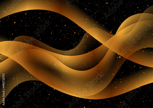 Golden glossy smooth waves and shiny dots abstract background. Vector design