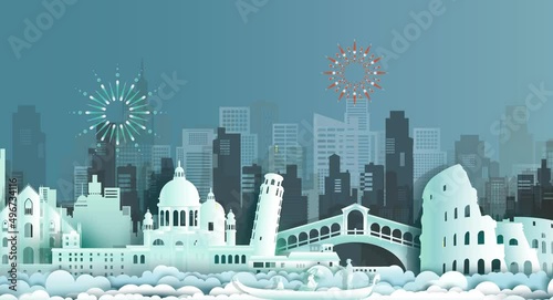 Anniversary celebration nation day Italy with fireworks in city background. Tourism Venice landmarks of europe architecture in Italy with origami paper art, paper cut with 4K loop video animation. photo