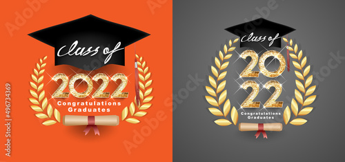 Vector text for graduation gold design, congratulation event, T-shirt, party, high school or college graduate. Lettering Class of 2022 for greeting, invitation card