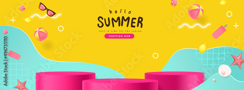 Colorful Summer sale banner with beach vibes decorate and product display cylindrical shape 