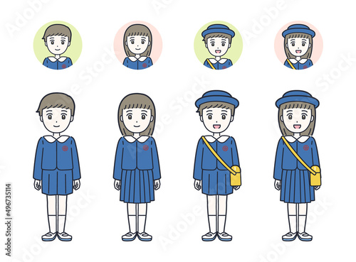 制服姿の男女の幼稚園児のイラスト素材