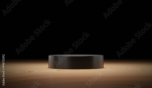 Fototapeta Naklejka Na Ścianę i Meble -  Spotlight opening show black product podium background 3d stage display of blank interior studio light stand platform or empty pedestal scene room space and exhibition wooden floor on dark backdrop.