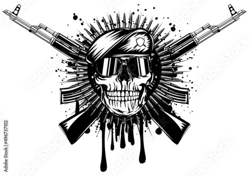 Abstract vector illustration skull in beret crossed assault rifle on grunge splash