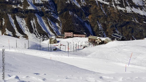 Zoomed in view of a ski resort in the Swiss alps near Zermatt. Switzerland photo