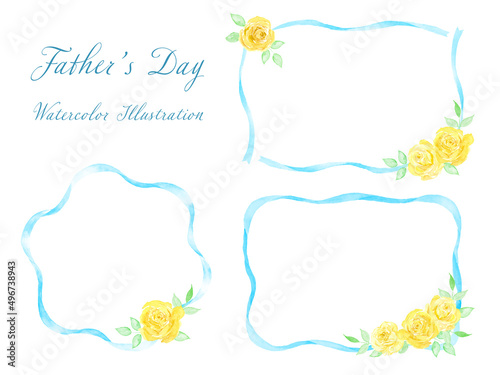 水彩で描いた水色のリボンと黄色いバラのフレームセット　父の日のフレームセット
