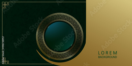 Green gradient background with a curtain and a round frame in gold hue