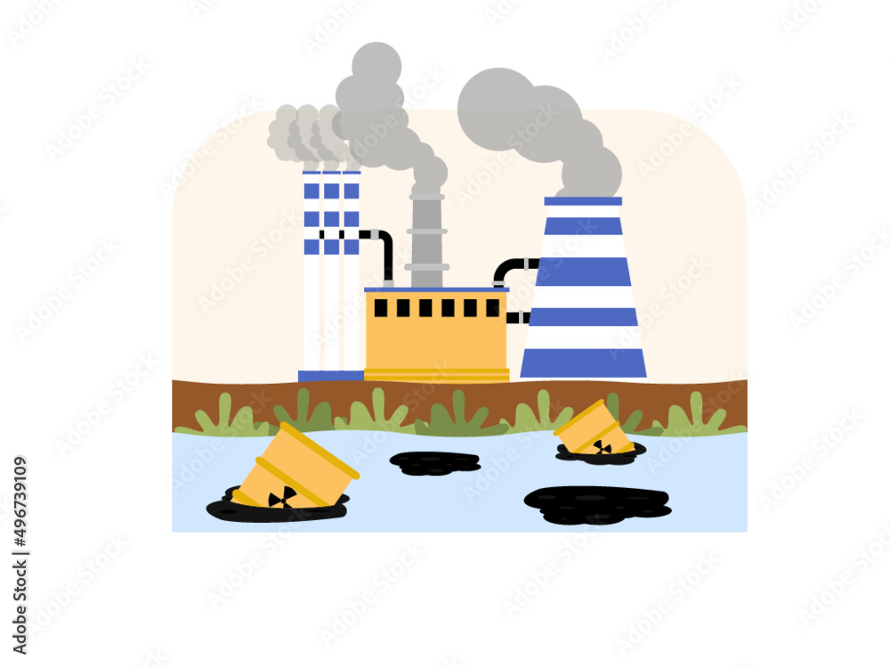 Disposal of industrial waste and factory waste. Dirty river full of rubbish and sewage. Environmental damage. Pollution vector illustration.