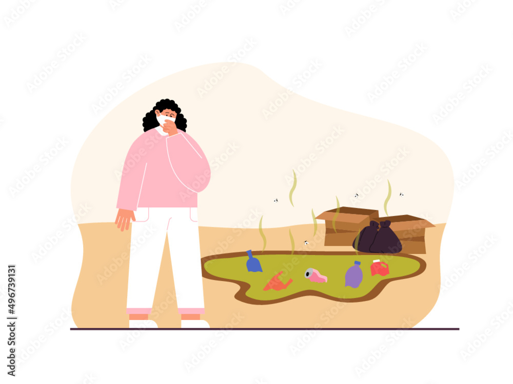 Fototapeta premium Woman smells bad from littering. The impact of littering can result in soil contamination, environmental damage and flooding. Ai vector illustration