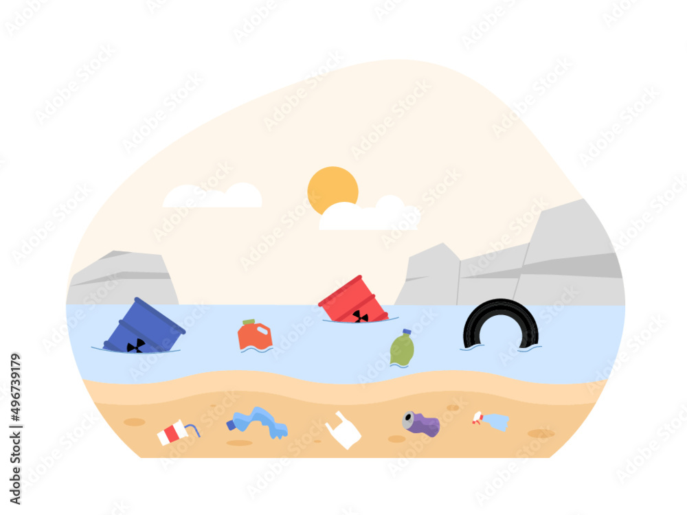 Sometimes some of the inorganic waste in the sea is carried by the waves to the edge of the sea. Throwing trash carelessly in the sea. Ai vector illustration