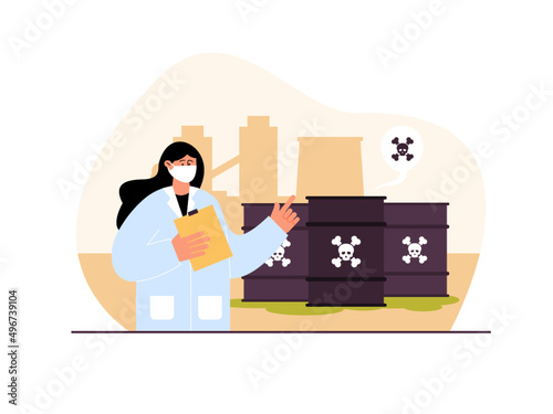 Officers wear masks when inspecting hazardous waste. Disposal and reprocessing of factory waste. Pollution vector illustration.