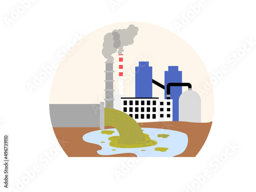 Water and soil polluted by factory waste. Violation of unlawful disposal of factory waste. Environmental damage due to factory waste. Pollution vector illustration.