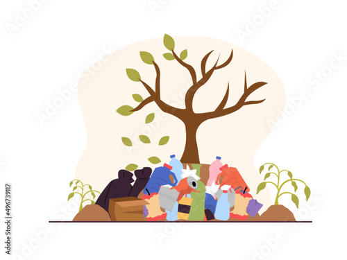 Illustration of careless waste disposal that causes environmental damage. Lots of trash with trees starting to die. Non-biodegradable plastic waste. Pollution vector illustration.