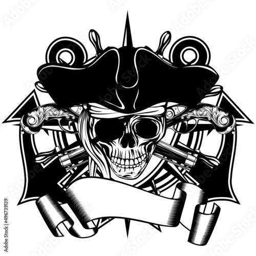 Vector illustration pirate symbol skull cocked hat with crossed old pistols and crossed anchors and wheel