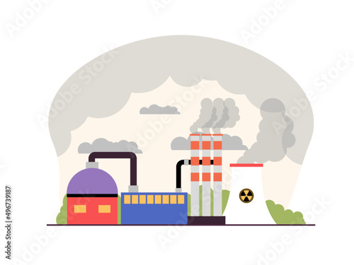 Air pollution from factory smoke. The exhaust gas produced by the production process in a factory has a content that is harmful to the environment and living things. Ai vector illustration