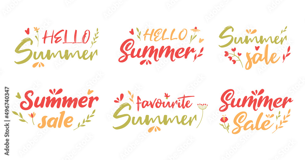 Vector inscriptions. Hello summer, summer sale, favorite summer. Vector isolated elements. Summer and spring flowers and leaves, twigs. Red and green lettering