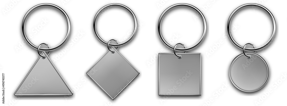 Metal keyring with different chain, leather keychain, holder trinket for key with metal ring. Silver colored accessories. Realistic template metal keychain set. Blank accessory for corporate identity. Metal keyring with different chain, leather keychain, holder trinket for key with metal ring. Silver colored accessories. Realistic template metal keychain set. Blank accessory for corporate identity.
