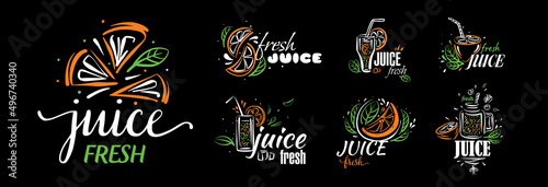 A set of vector drawn logos of fresh juice on a black background