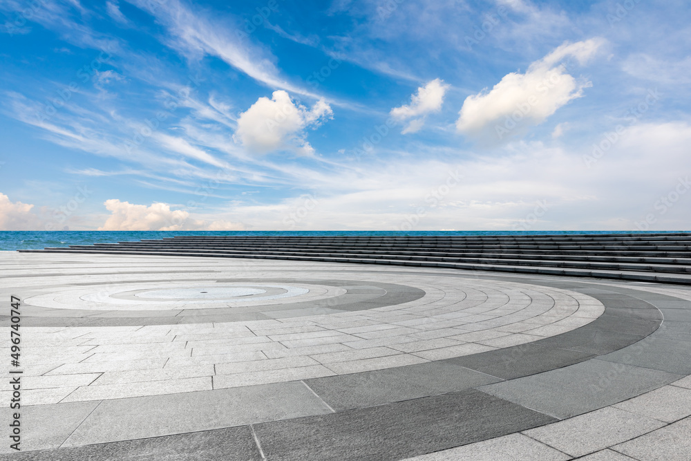Fototapeta premium Empty square floor and lake with sky cloud landscape